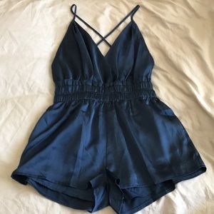 Satin cross back romper with pockets